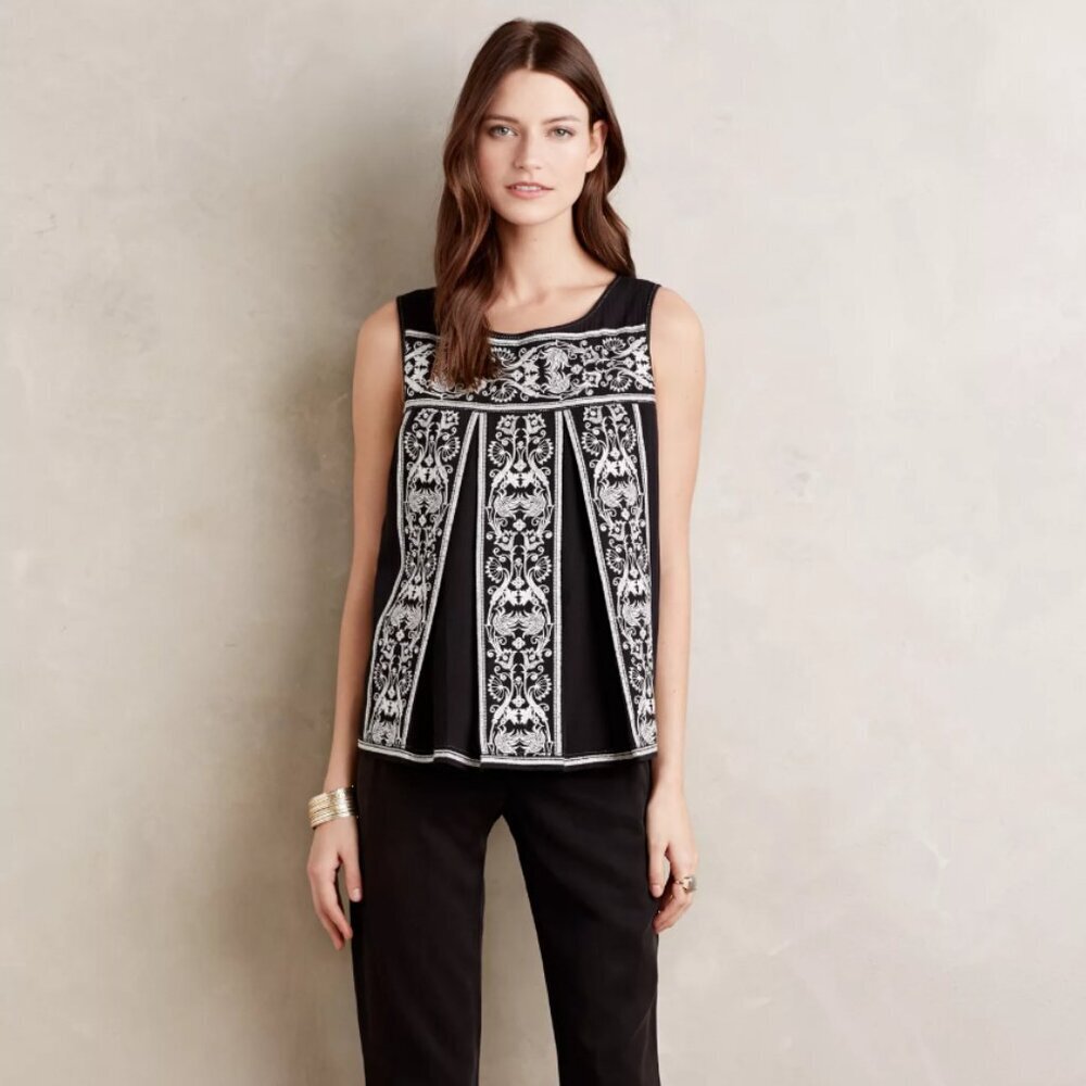 Anthropologie HD in Paris Embroidered Alys Tank 100% Cotton Black & White Top S